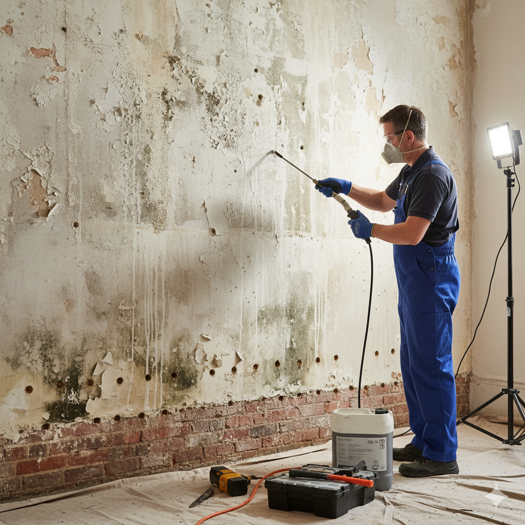 Professionnel traitant un mur contre l'humidité