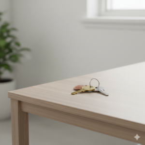 clés posées sur une table, dans une ambiance neutre