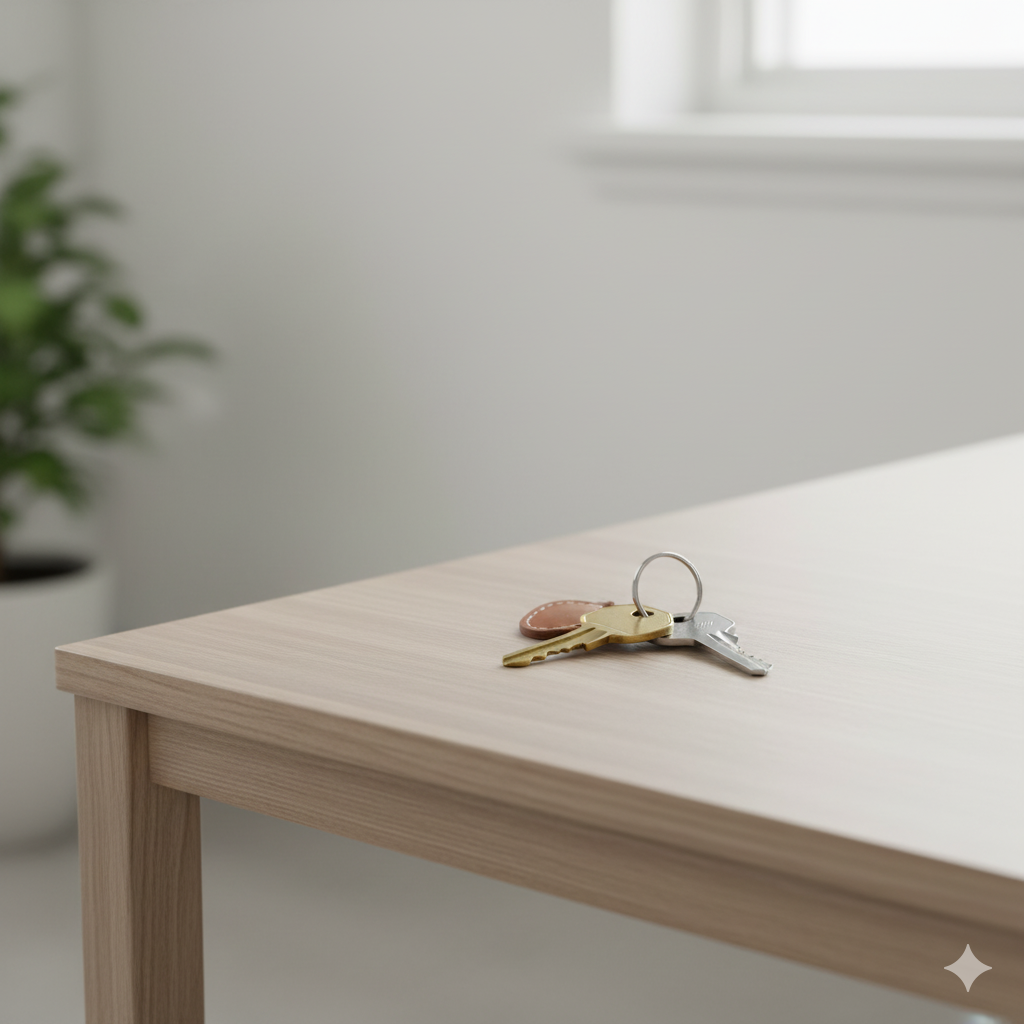 clés posées sur une table, dans une ambiance neutre