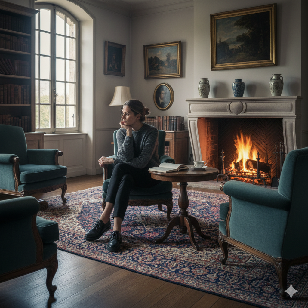 Héritier réfléchissant seul dans maison héritée, moment émotionnel avant décision de vente