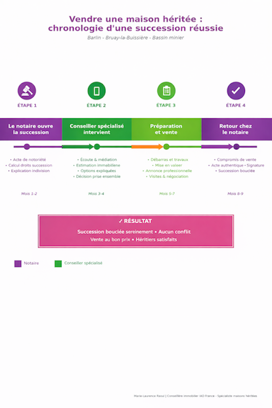 Chronologie vente maison héritée Barlin notaire conseiller collaboration étapes succession
